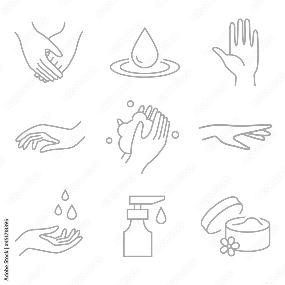 Fototapeta premium Washing hands - spa, beauty salon symbols of wellness, cleaning, protection, health care. Linear vector icon set.