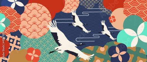 Luxury gold oriental style background vector. Chinese and Japanese oriental line art with golden texture. Wallpaper design with Cherry blossoms flower and Flamingo. Ocean and wave wall art.