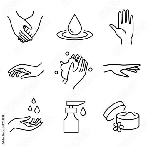 Washing hands - spa, beauty salon  symbols of wellness, cleaning, protection, health care. Linear vector icon set.