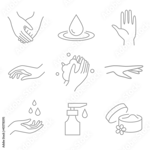 Washing hands - spa, beauty salon  symbols of wellness, cleaning, protection, health care. Linear vector icon set.