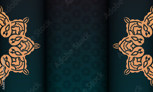 Presentable Ready-to-print postcard design in dark green color with arabic patterns. Invitation card template with vintage patterns.