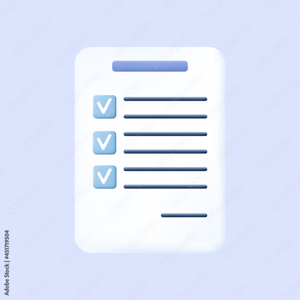 Checklist 3d. Form of a document or questionnaire with the result of the survey. An exam or test with a flag passed and correct answers. Completed assignment on paper document or checklist. Vector Checklist 3d. Form of a document or questionnaire with the result of the survey. An exam or test with a flag passed and correct answers. Completed assignment on paper document or checklist. Vector