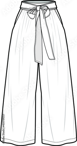 women high waist palazzo wide leg pant with pockets casual loose pant with belt flat sketch vector illustration