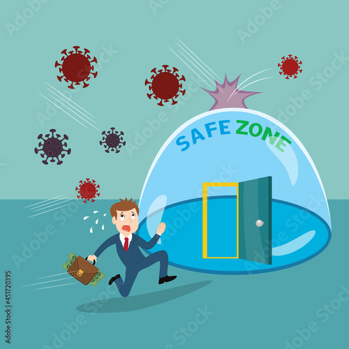 Businessman runaway from Coronavirus to safe zone saving money,Virus attack,illustration vector cartoon