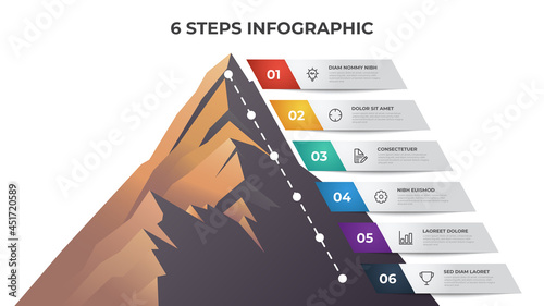 infographic element template with 6 steps, list, bullet, options, timeline diagram with mountain vector