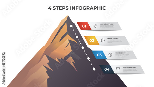 infographic element template with 4 steps, list, bullet, options, timeline diagram with mountain vector