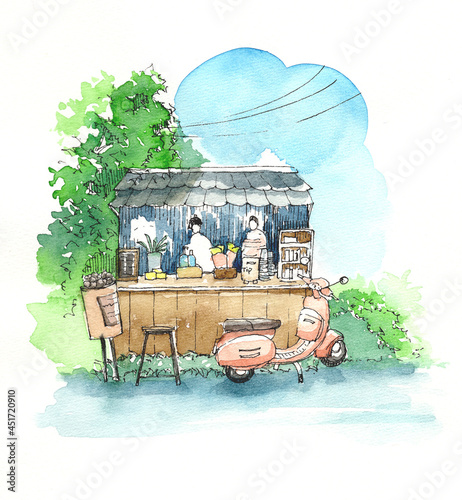 Hand drawn water color Front view bubble tea and crepes shop street food concept, Illustration
