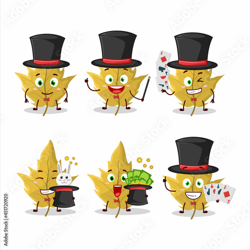 A maple yellow leaf Magician cartoon character perform on a stage
