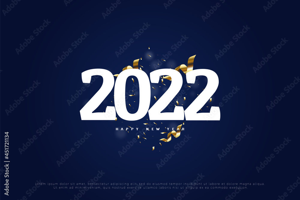 Happy new year 2022 on the background of several gold ribbons.