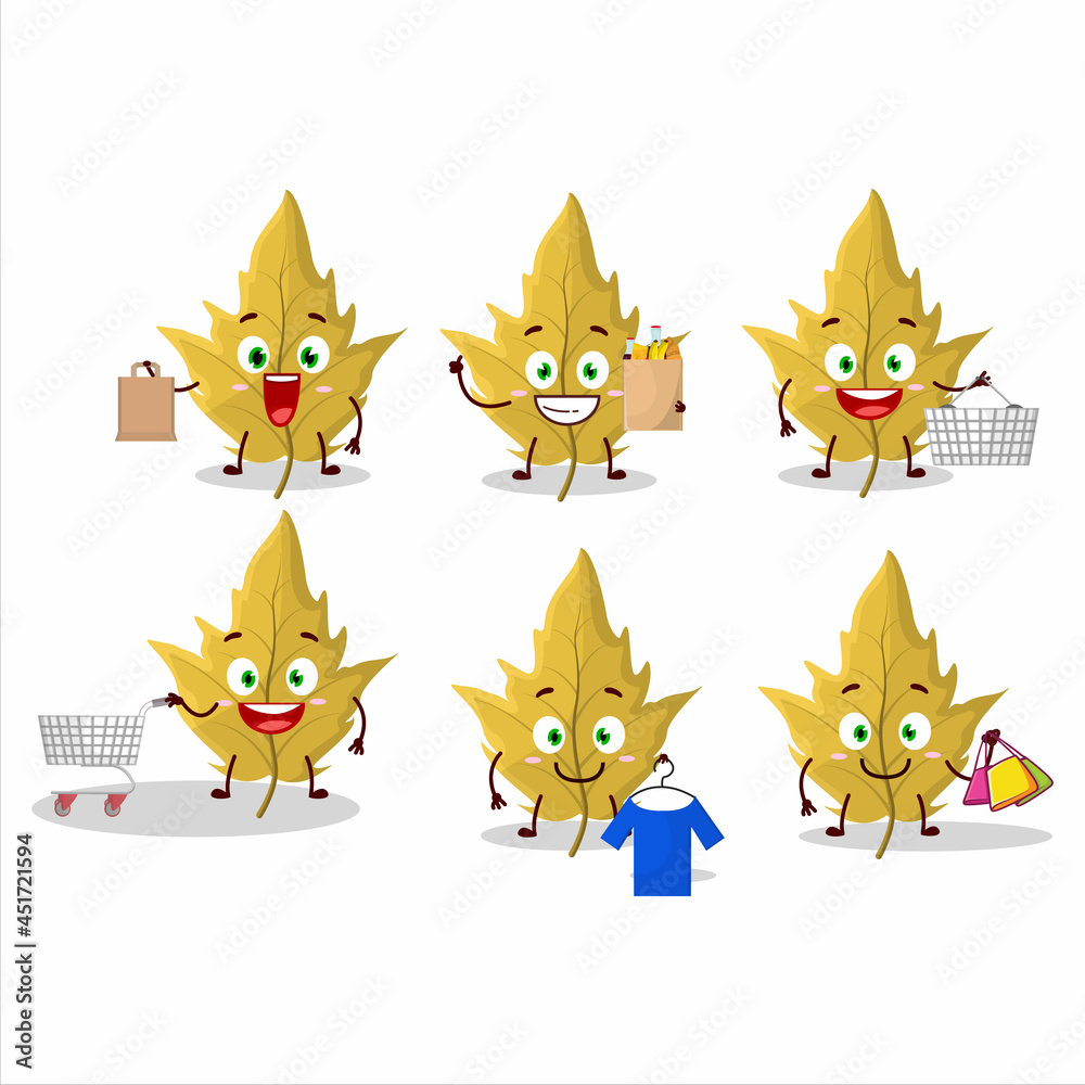 A Rich maple yellow leaf mascot design style going shopping A Rich maple yellow leaf mascot design style going shopping