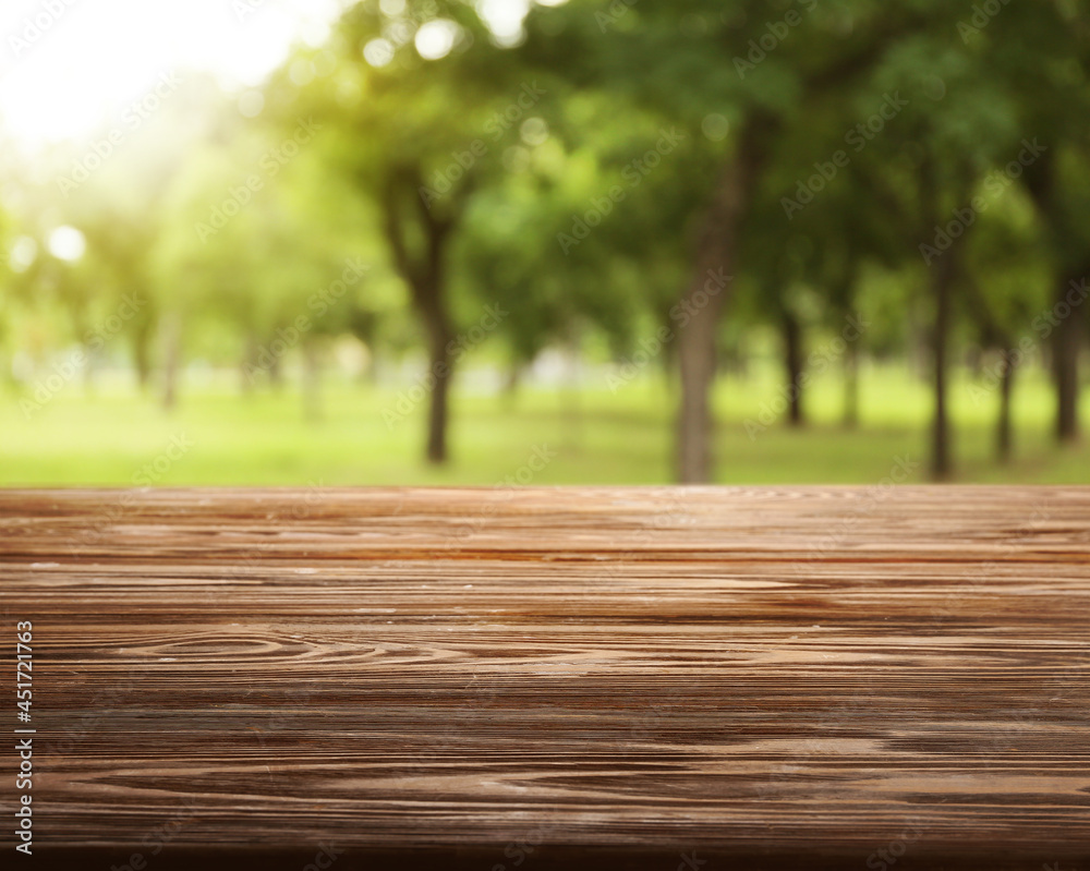 Empty wooden table in park Empty wooden table in park