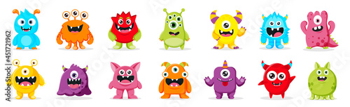 Cute  Monsters  Vector Set. Kids cartoon character design for poster, baby products logo and packaging design.