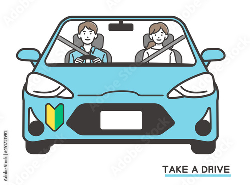 初心者マークを付けた、男女のカップル(夫婦)がドライブをするベクターイラスト素材／車／旅行