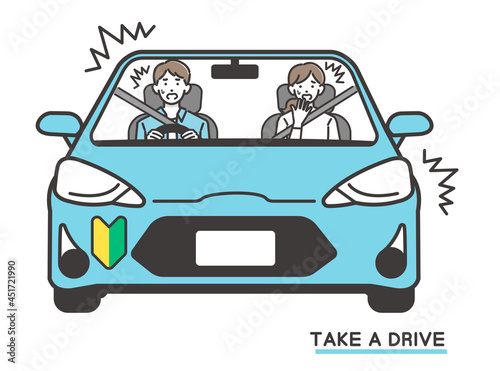 初心者マークを付けた、男女のカップル(夫婦)がドライブでビックリするベクターイラスト素材／車／旅行／事故／ビックリ