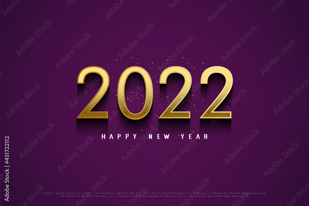 Happy new year 2022 on purple background with gold colored numbers.