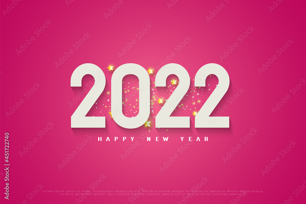 Happy new year 2022 on pink background and bright gold stars.