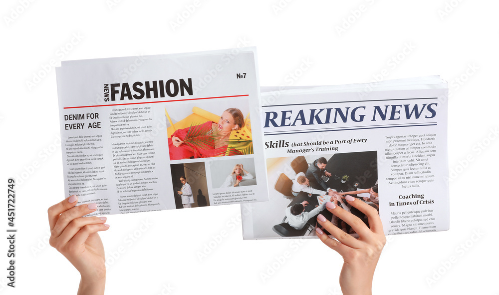 Female hands and newspapers on white background Female hands and newspapers on white background