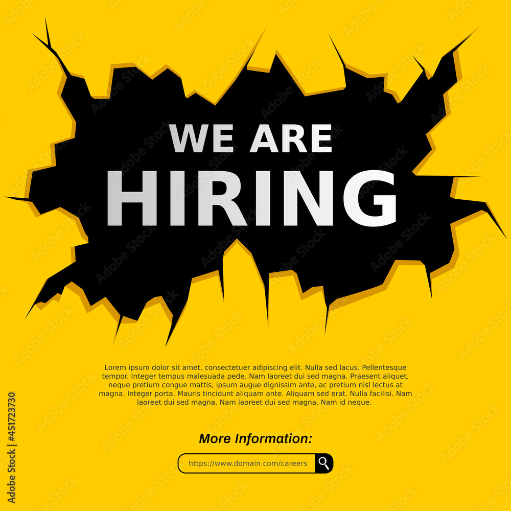We are hiring flyer. Advertisement template for job vacancy on yellow  background with wall surface cracked concept Stock Vector | Adobe Stock