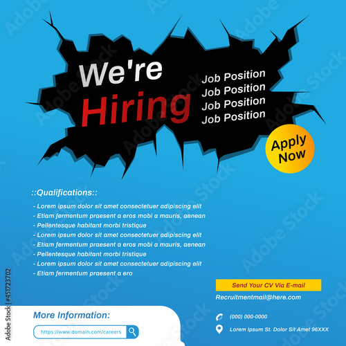 We are hiring flyer. Advertisement template for job vacancy on blue background with wall surface cracked concept