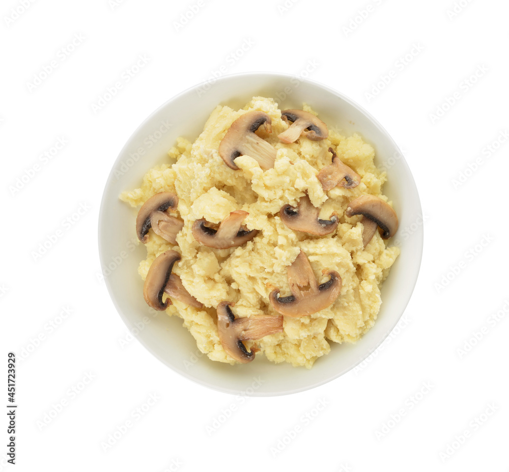 Bowl with tasty mashed potatoes and mushrooms on white background Bowl with tasty mashed potatoes and mushrooms on white background