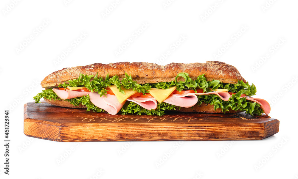 Board with tasty ciabatta sandwich on white background Board with tasty ciabatta sandwich on white background