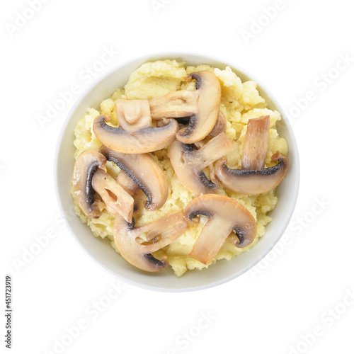 Bowl with tasty mashed potatoes and mushrooms on white background