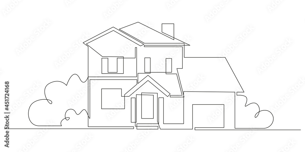 One continuous line drawing of family country house with bushes at village. Modern concept of Home architecture in minimalistic black linear design. Doodle Vector illustration