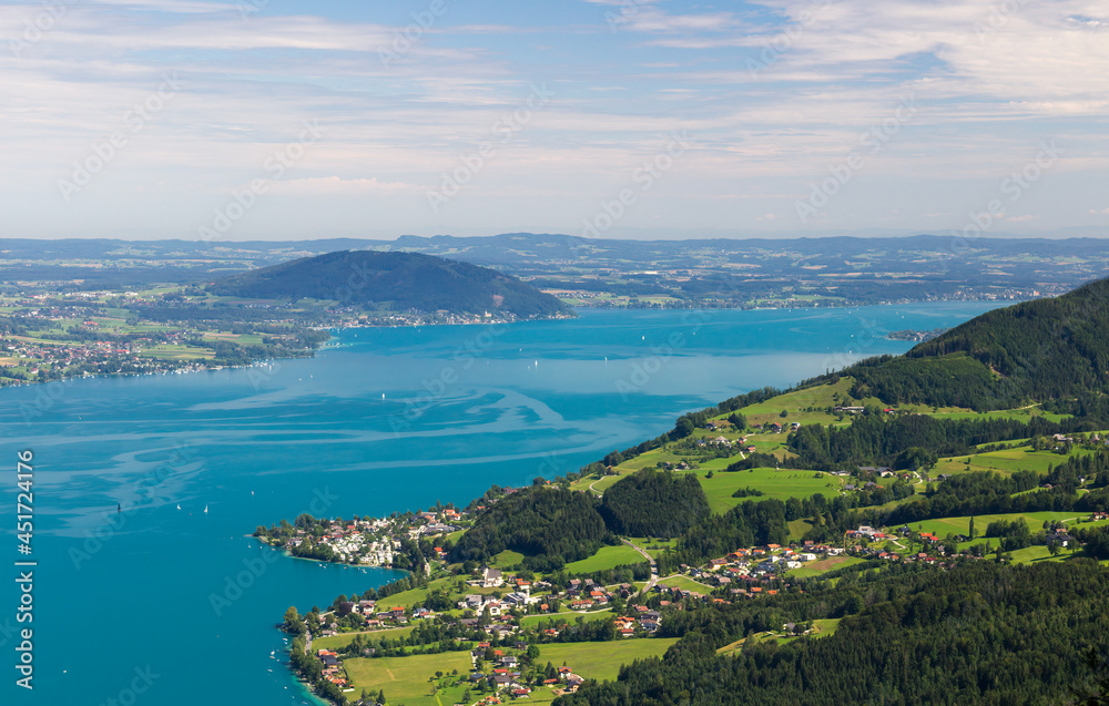 Attersee with Austria Alps and city Seefeld from lookout on hill Schoberstein