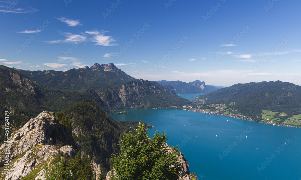 Attersee and Mondsee with Austria Alps and hill Schafberg from lookout on hill Schoberstein