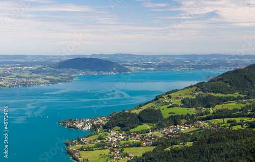 Attersee with Austria Alps and city Seefeld from lookout on hill Schoberstein © Space Creator
