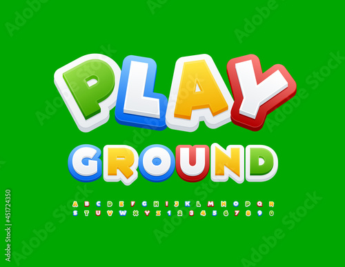 Vector colorful Emblem Playground. Funny Kids Font. Artistic Alphabet Letters and Numbers set