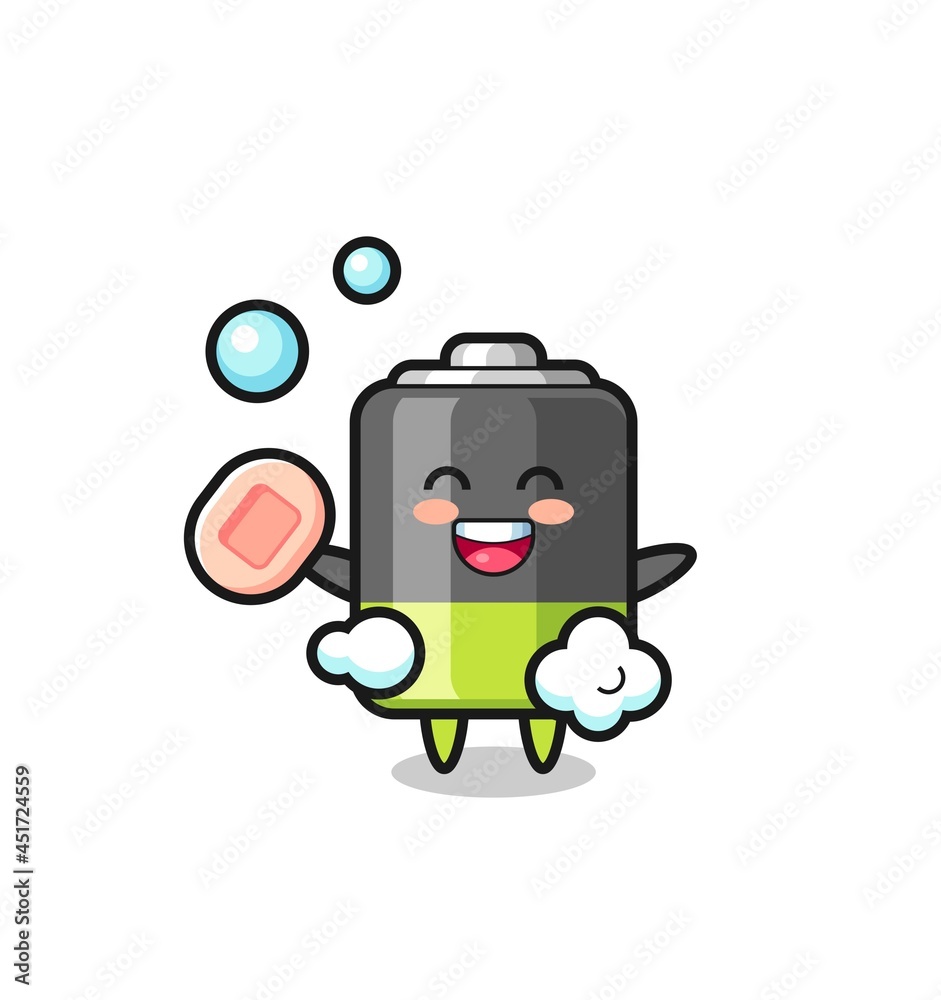 battery character is bathing while holding soap