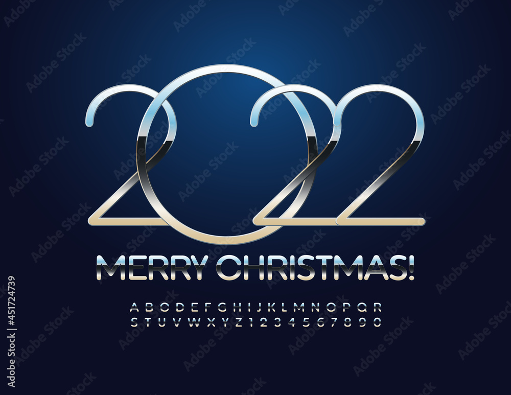 Vector creative Greeting Card Merry Christmas 2022! Silver elegant Font. Reflective metallic Alphabet Letters and Numbers set