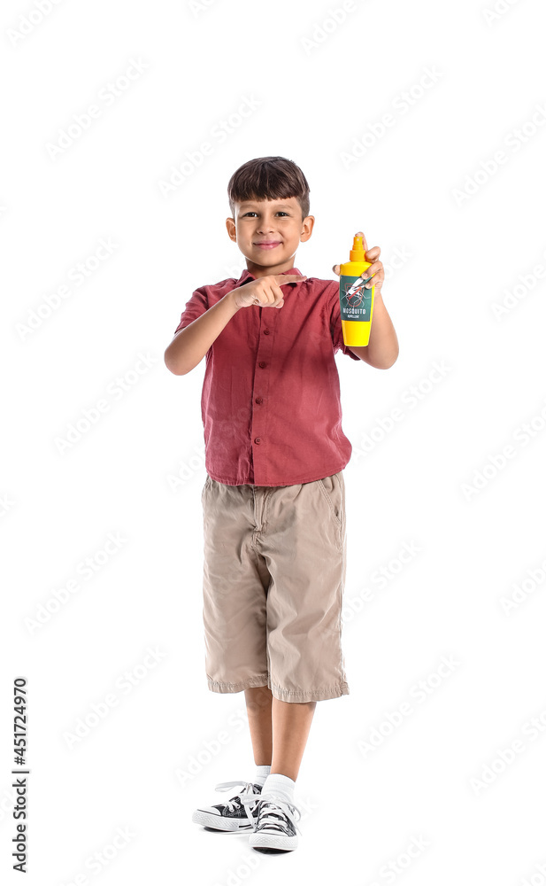 Little boy with mosquito repellent on white background Little boy with mosquito repellent on white background