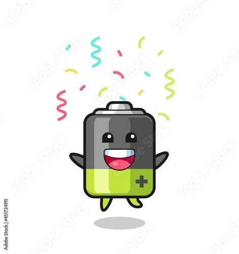 happy battery mascot jumping for congratulation with colour confetti