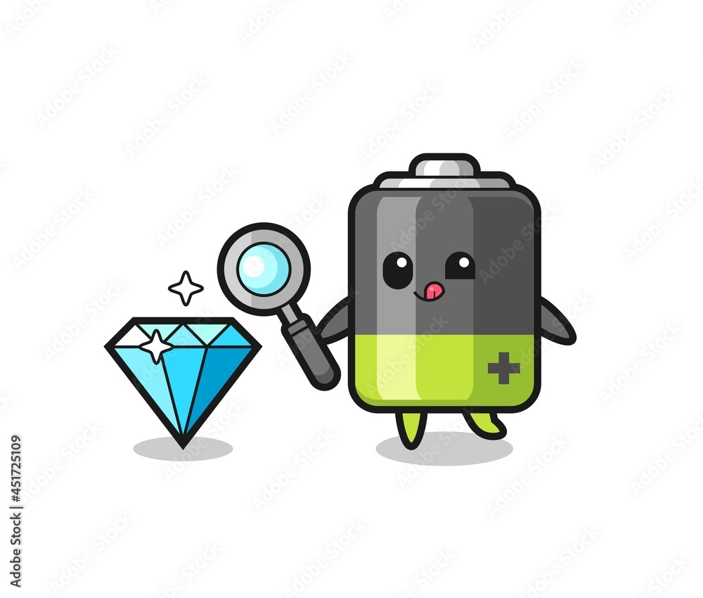 battery mascot is checking the authenticity of a diamond battery mascot is checking the authenticity of a diamond
