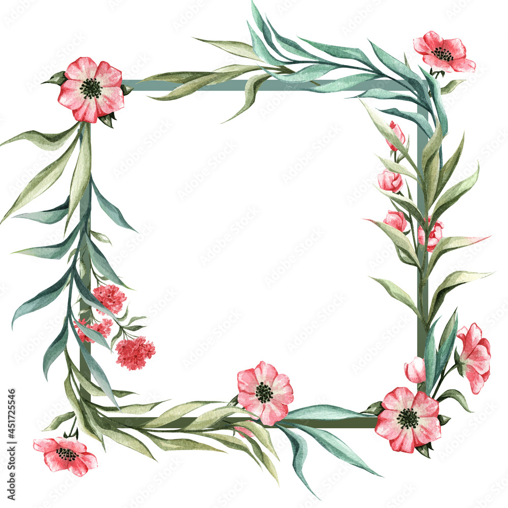 A gentle square vignette. Floral frame with delicate pink flowers and green leaves for the design of invitations, brochures, banners, posters, cards, etc.