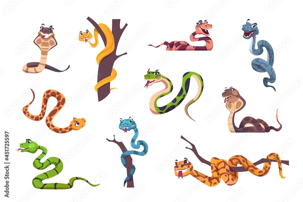 Obraz premium Snakes character. Cute animal mascot with funny face emotions for kids illustration. Wild reptile of tropical nature. Striped or spotted creeping predators. Vector exotic serpents set