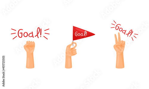 Soccer football fan attributes set. Hands crossing fingers wishing for good luck cartoon vector illustration
