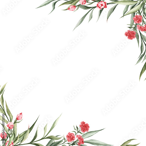 Floral frame with delicate pink flowers and green leaves. Watercolor background for the design of invitations, brochures, banners, posters, cards, etc. © Siawi_art