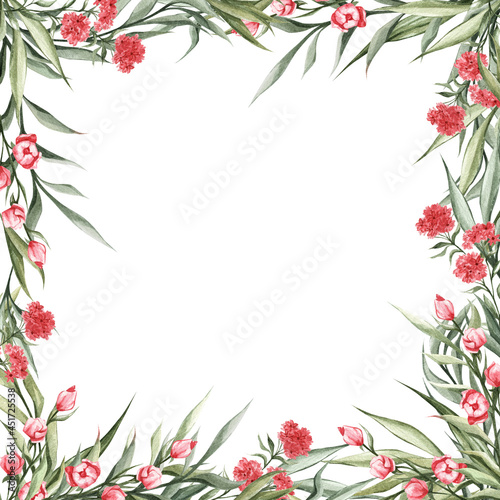 Watercolor background. Floral frame with delicate pink flowers and green leaves for the design of invitations, brochures, banners, posters, cards, etc. © Siawi_art