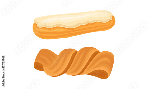 Baked products set. Fresh pastry bun and eclair cartoon vector illustration