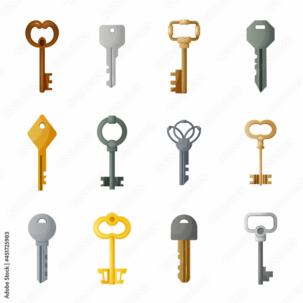 Cartoon keys. Ancient and modern retro metal latchkeys. Treasure lock and home security. Secret signs. Door opener with various heads and tails. Isolated steel or bronze passkeys set Cartoon keys. Ancient and modern retro metal latchkeys. Treasure lock and home security. Secret signs. Door opener with various heads and tails. Isolated steel or bronze passkeys set