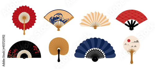 Hand fan. Japanese traditional vintage clothing decorative element. Chinese folding painted paper cooling accessory collection. Asian souvenir template. Vector oriental clothes set