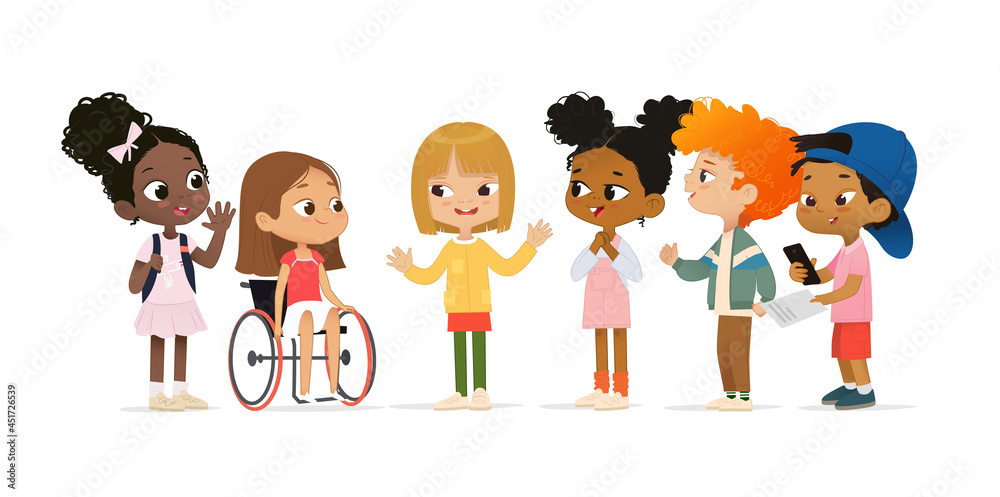 A group of multicultural children are talking to each other. Children greet a new girl in a wheelchair, greet a new friend. The concept of inclusive education at school. Asian boy scanning QR code A group of multicultural children are talking to each other. Children greet a new girl in a wheelchair, greet a new friend. The concept of inclusive education at school. Asian boy scanning QR code