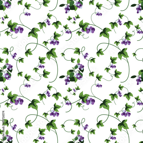 Summer flowers and leaves pattern seamless. Abstract grapevine with blue grapes, leaves and twigs curls endless ornate backdrop. Botanical garden wallpaper. Vector illustration with floral texture