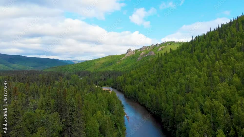 4K Drone Video (high elevation) of Mountains and Blue Sky above Chena River at Angel Rocks Trailhead near Chena Hot Springs Resort in Fairbanks, Alaska 4K Drone Video (high elevation) of Mountains and Blue Sky above Chena River at Angel Rocks Trailhead near Chena Hot Springs Resort in Fairbanks, Alaska