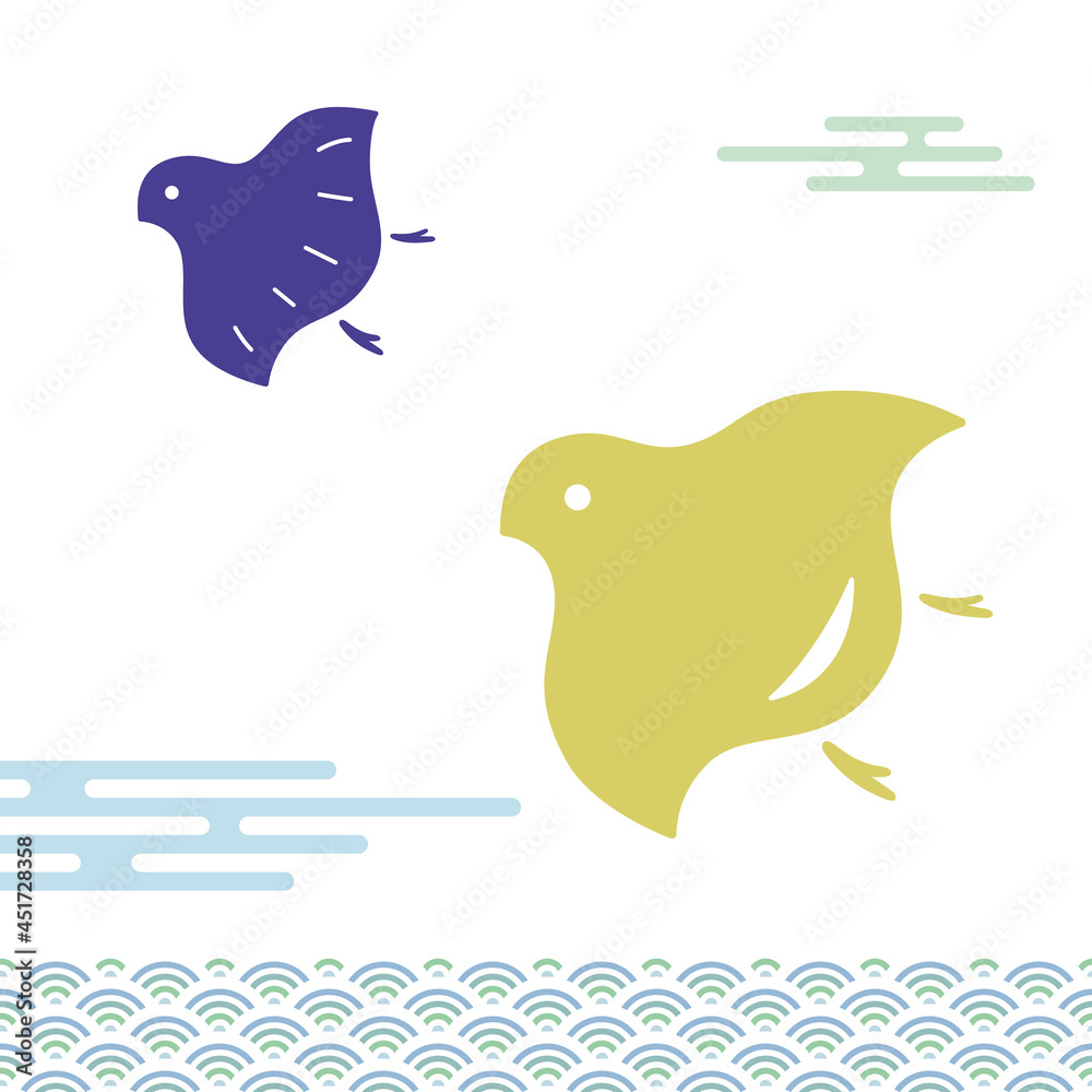千鳥と青海波 和柄 白地にカラーのベクターイラスト 日本の新年の縁起物 年賀状に最適 Stock Vector Adobe Stock