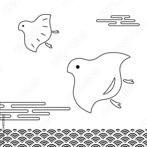 千鳥と青海波（和柄）。白地に線画のベクターイラスト。日本の新年の縁起物。年賀状に最適。