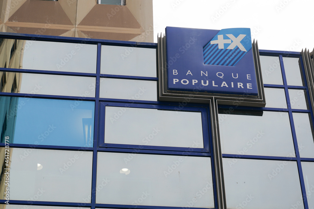 Banque populaire blue building office entrance sign retail logo bank ...